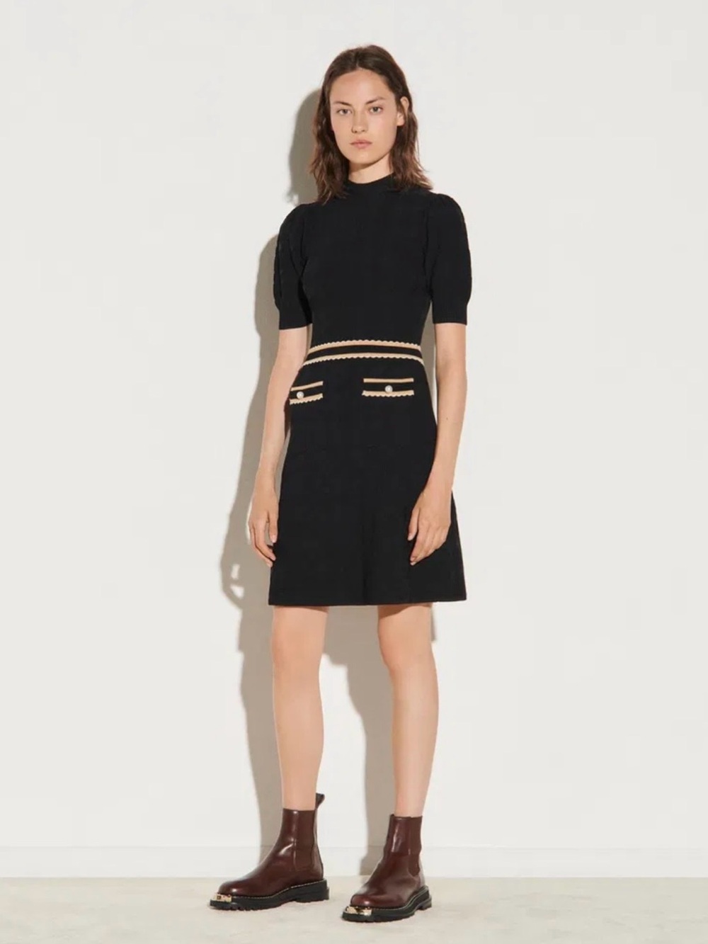 Sandro Black Knit Short-Sleeve Dress with Cream Trim